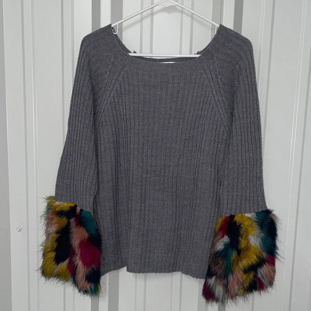 Say What? Gray Scoop Neck Sweater with Colorful Fur Cuffs